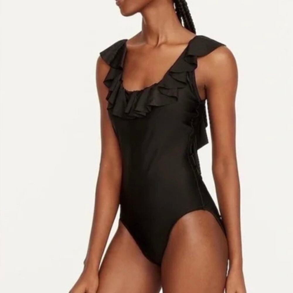 J. Crew Black Scoopback Ruffle One Piece Swimsuit Sz 16 Black Classic Summer